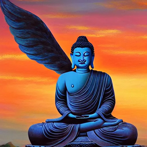 Image similar to Buddha with wings, flapping its wings flying in sunset sky, oil on canvas, portrait, intricate, 8k highly professionally detailed, HDR, CGsociety