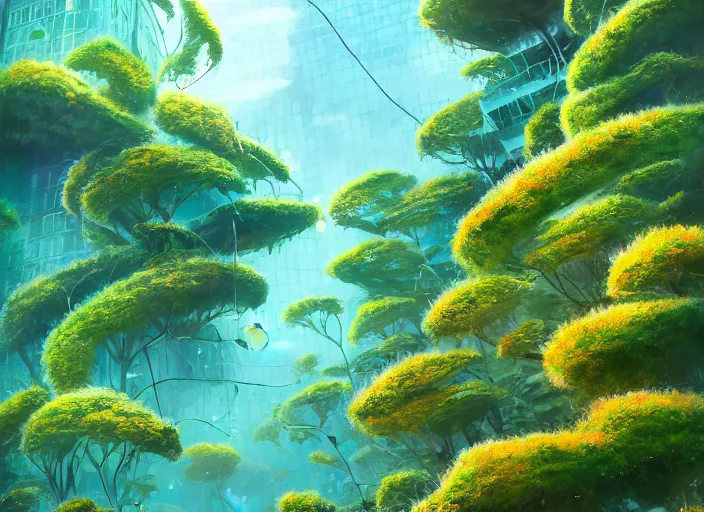 Prompt: overgrown foliage overtaking many tall japanese buildings, underwater environment, borealis, scenery, professional, award - winning, trending on artstation, hyper detailed, realistic, beautiful, emotional, shiny, golden, picture