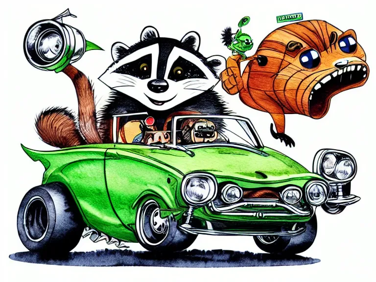 Image similar to cute and funny, racoon riding in a tiny hot rod coupe with oversized engine, ratfink style by ed roth, centered award winning watercolor pen illustration, isometric illustration by chihiro iwasaki, edited by range murata