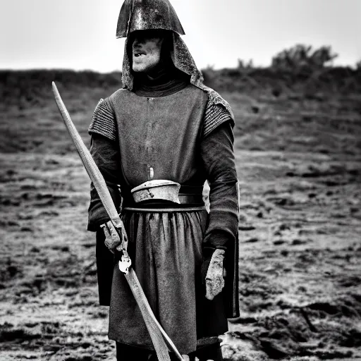 Prompt: Medieval squire with medieval clothes. Standing in the mud. Face closeup. Black & White photo.