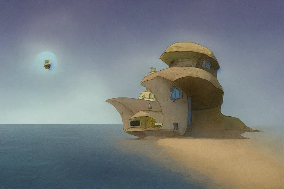 Prompt: seashell shaped house, lone fisherman, in the style of john harris and moebius