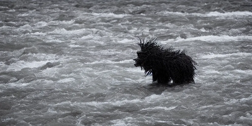 Image similar to hairy evil cryptid standing in an alaskan river at night, flash light, long lens, telephoto, Monster