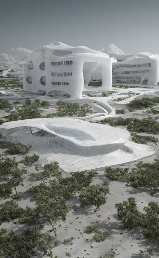 Image similar to bioremediation white architecture, in chuquicamata, epic, cinematic, hyperealistic, high detailed, corona render, hdr, ray tracing