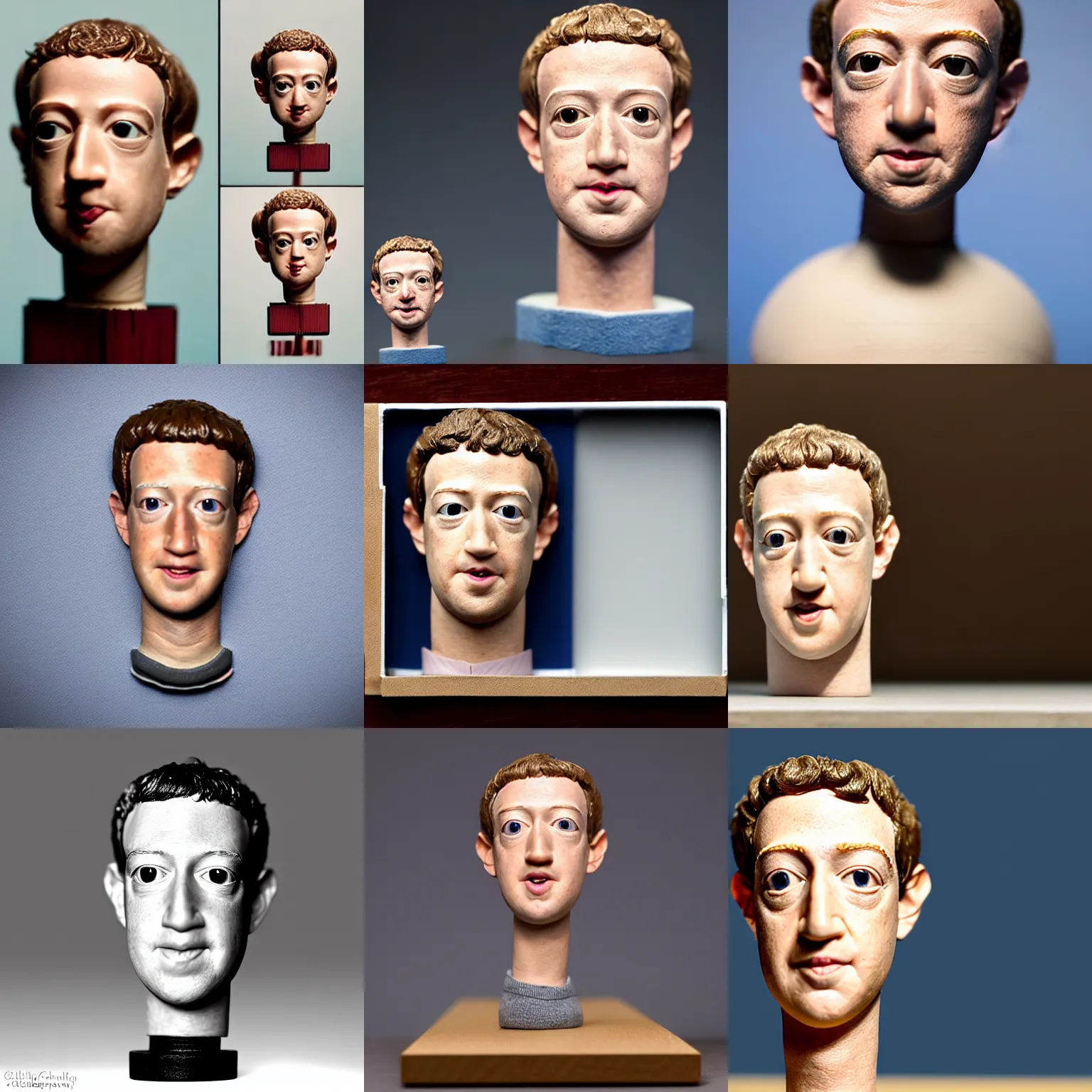 Prompt: mark zuckerberg !!! very extremely realistic!!! extreme likeness!!! smooth specular clay! extremely close smooth specular sculpted headshot of mark zuckerberg clay puppet , soft light, on wooden table. style: claymation puppet kids clay , by guldies , Cinematic focus, Polaroid photo, vintage, neutral colors, soft lights, foggy, by gregory crewdson