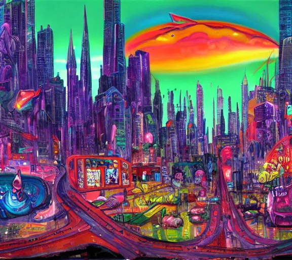 Image similar to surreal colorful nightmarish cityscape, 4k artwork by Ralph Bakshi