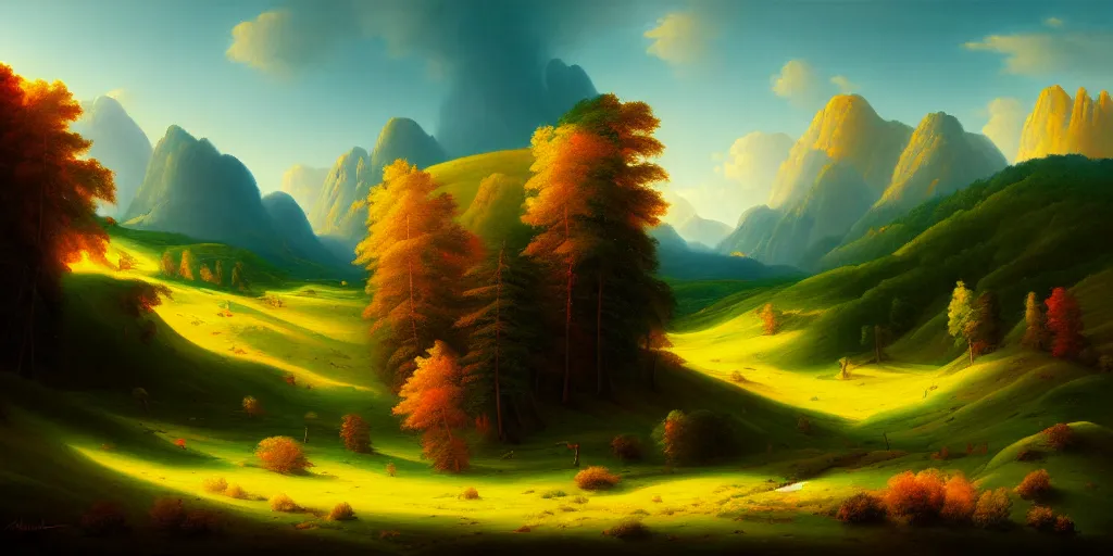 Image similar to a beautiful landscape painting by philipp urlich, digital artwork, high resolution