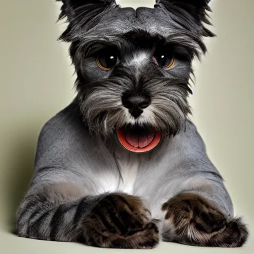 Prompt: a feline schnauzer - cat - hybrid, animal photography