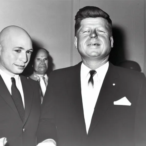 Prompt: b / w photo, nikita kruschev next to bald john f kennedy