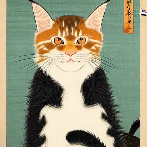 Prompt: beautiful portrait ukiyo - e painting of an ginger maine coon by kano hideyori, kano tan'yu, kaigetsudo ando, miyagawa choshun, okumura masanobu, kitagawa utamaro