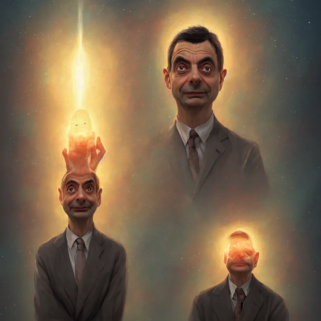 Image similar to Portrait of Mr Bean reaching enlightenment and becoming one with the universe, highly detailed, concept art, illustration, cinematic, artstation, digital painting, mystical, zen