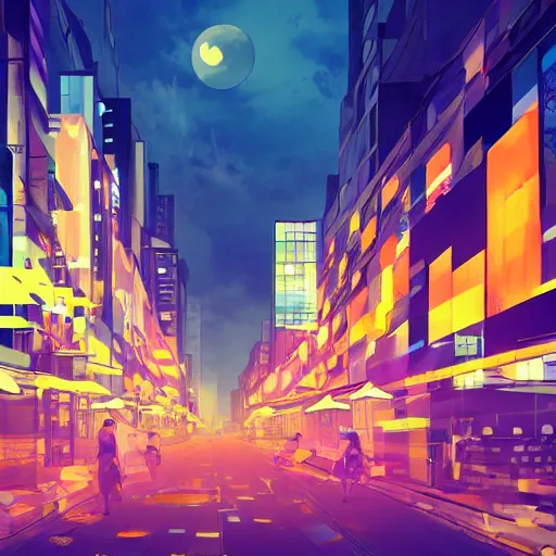 Prompt: abstract city street buildings fragments and neon signs floating, night, big moon trending on pixiv fanbox