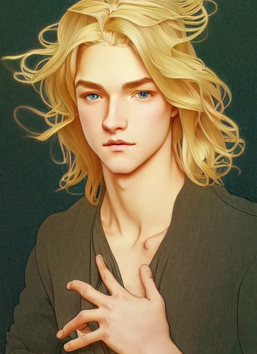 Image similar to pretty young man with shoulder length shiny shimmering golden blond hair, path traced, highly detailed, high quality, digital painting, by studio ghibli and alphonse mucha, leesha hannigan, disney