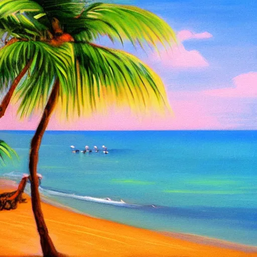 Prompt: Painting of Fortaleza's Beach in Ubatuba in Bob Ross' Style.