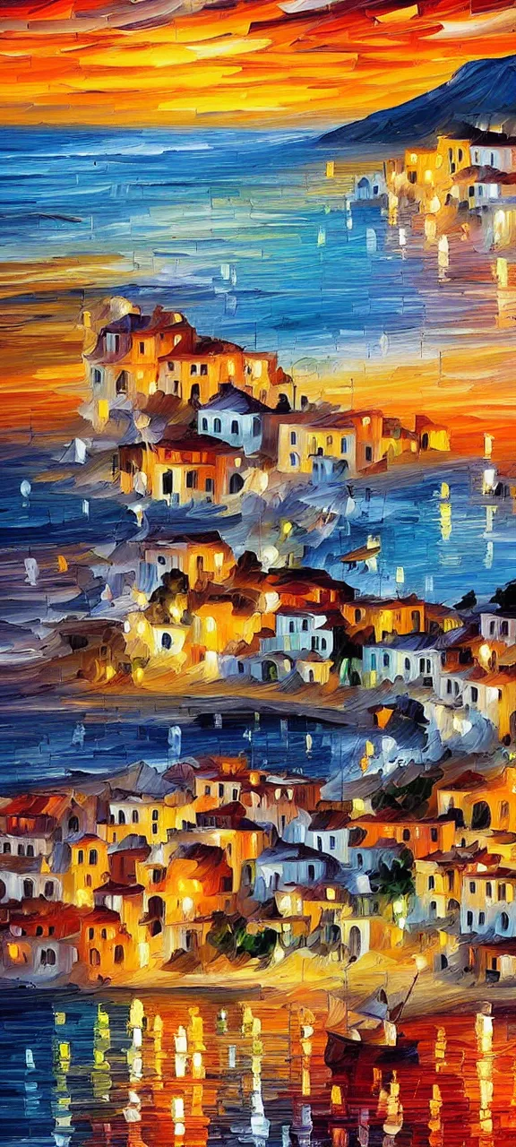 Image similar to beautiful seaside greek village at sunset in the style of leonid afremov