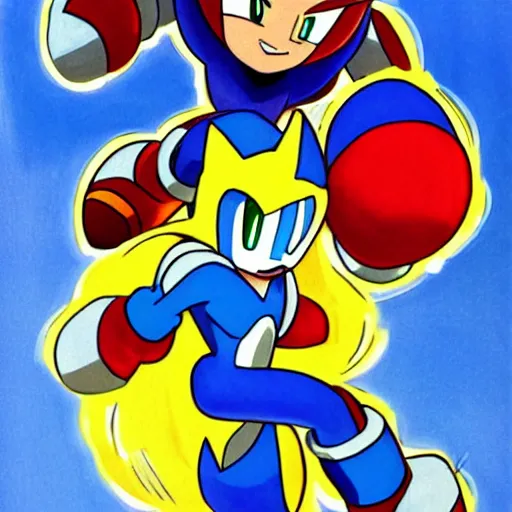 Image similar to Megaman fighting Sonic the Hedgehog, Painted By Akari Toriyama