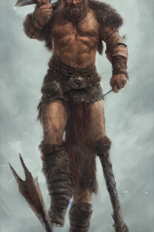 Prompt: a full body fantasy portrait oil painting illustration of a single rugged stoic barbarian man by Justin Sweet with face and body clearly visible, d&d, rpg, forgotten realms, artstation trending, high quality, sombre mood, artstation trending, muted colours, no crop, entire character,