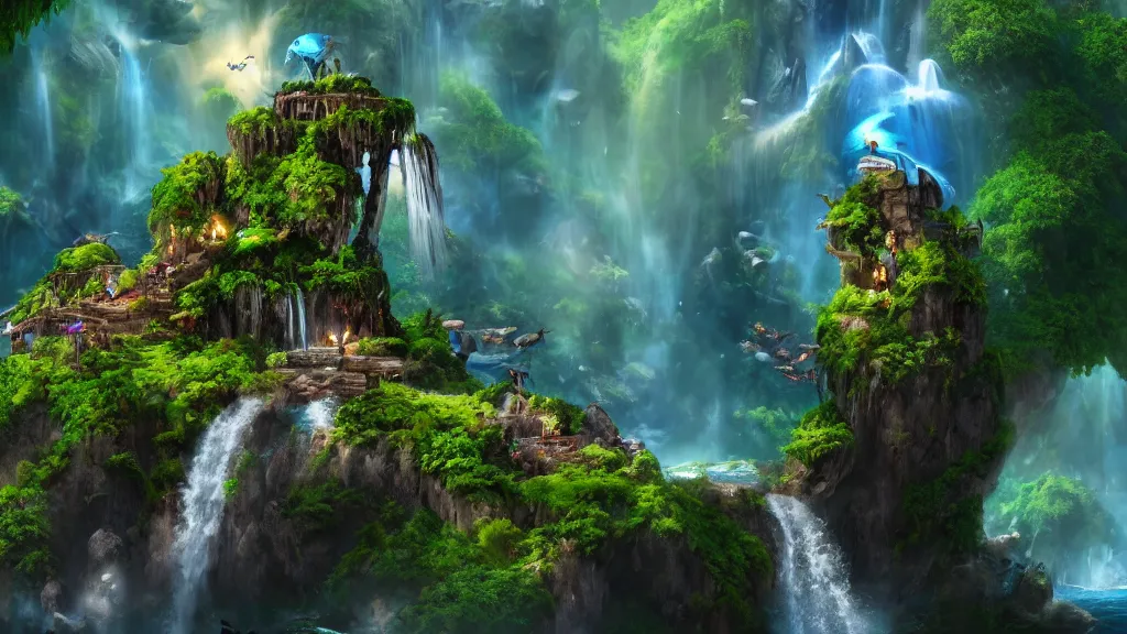 Image similar to fantasy micro world island with waterfall, suspended in the air, like in the Avatar movie, fantasy artwork, very beautiful scenery, hd, hdr, cinematic 4k wallpaper, 8k, ultra detailed, high resolution, artstation