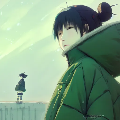 Prompt: concept art of a big puffer jacket with caterpillar patterns, green japanese street fashion, gapmoe yandere grimdark, trending on pixiv fanbox, painted by greg rutkowski makoto shinkai takashi takeuchi studio ghibli, akihiko yoshida