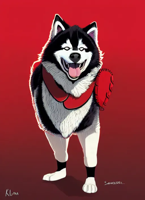 Image similar to commissioned full body portrait of a male anthro aslakan malamute with red fur playing baseball in a baseball stadium wearing a baseball uniform, by Kilian Eng, by Sandra Chevrier, trending on artstation