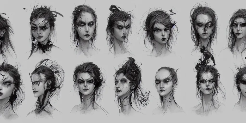 Image similar to gothic female character face detail designs, Kim Jung Gi, Greg Rutkowski, character sheet, Darek Zabrocki, Karlkka, Jayison Devadas, Phuoc Quan, trending on Artstation, 8K, ultra wide angle, pincushion lens effect