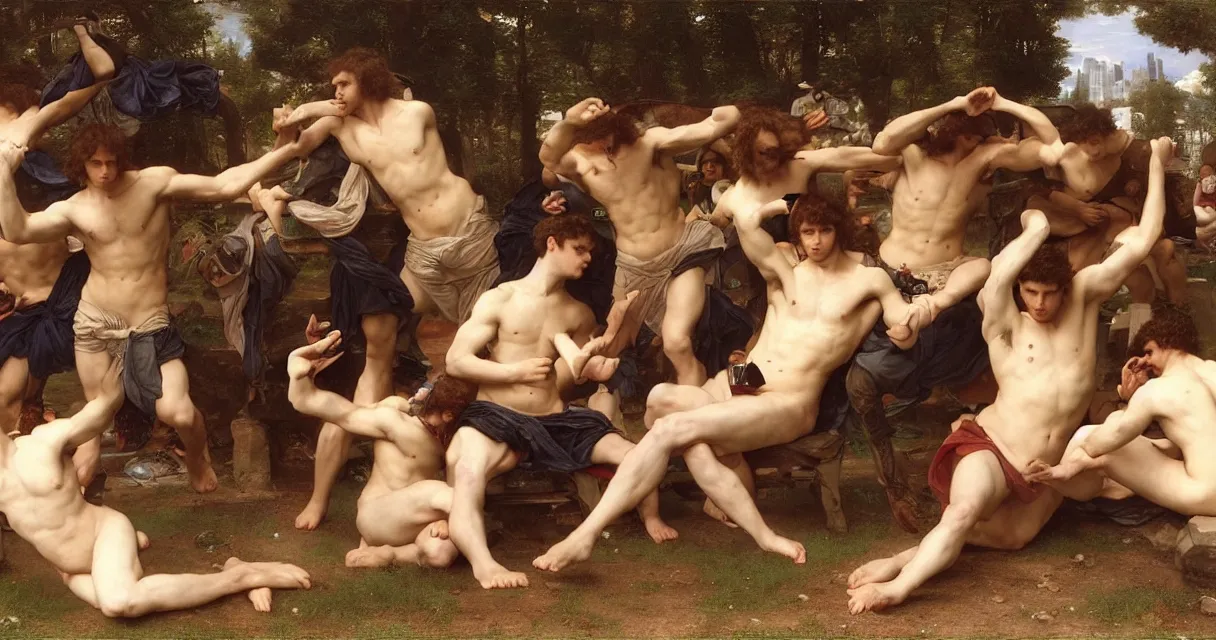 Image similar to large group of pre-Raphaelite muscular athletic male gamers wearing headsets and playing video-games on laptops playstation5 x-box and PC by Bouguereau and raphael