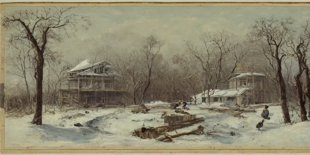 Prompt: a house in construction during a severe winter, by george henry durrie