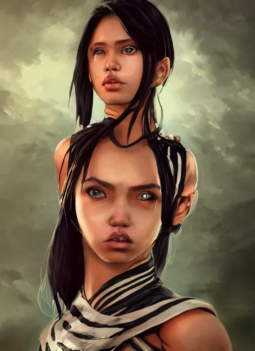 Image similar to An epic fantasy comic book style portrait painting of a young Malaysian woman, expressive, dark piercing eyes, staring at the viewer, tomboy, flat face, pouting, tan skin, beautiful futuristic hair style, monochromatic striped tank top with long sleeves, bare midriff, unreal 5, DAZ, hyperrealistic, octane render, cosplay, RPG portrait, dynamic lighting