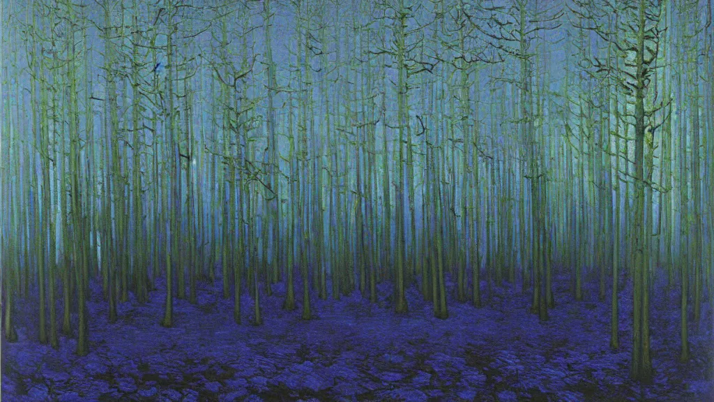 Prompt: Forest purple blue light Landscape oil painting by Zdzisław Beksiński and Van Gogh