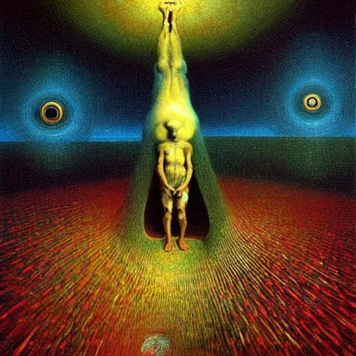 Image similar to Human peaking in wormhole - award-winning digital artwork by Salvador Dali, Beksiński, Van Gogh and Monet.