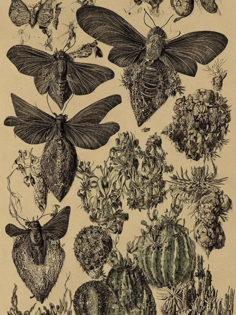 Image similar to moths and bats and glowing cactus, by ernst haeckel and by walton ford