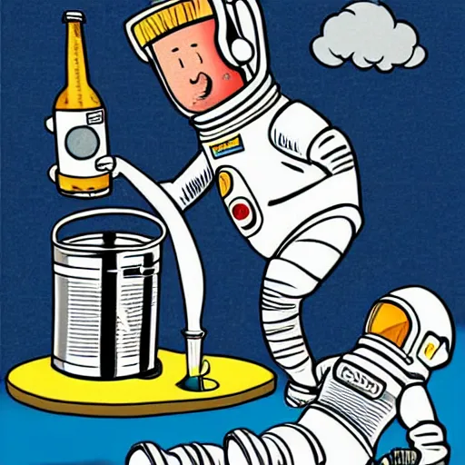 Image similar to an astronaut taking a photo of a beer keg. astronaut using a vintage camera. detailed cartoon