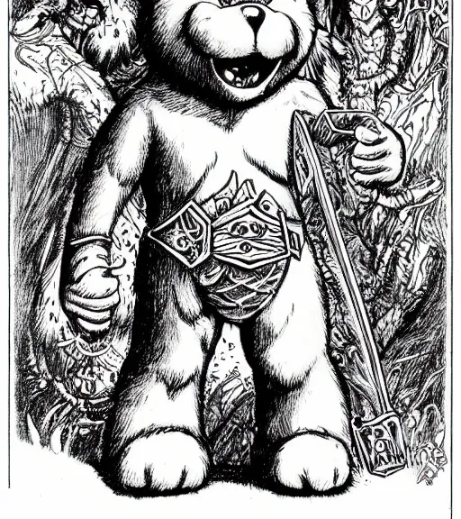 Image similar to a care bear as a d & d monster, pen - and - ink illustration, etching, by russ nicholson, david a trampier, larry elmore, 1 9 8 1, hq scan, intricate details, high contrast