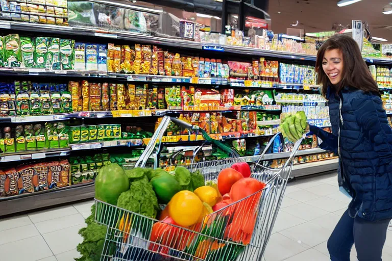 Prompt: anthro anthropomorphic Canis lupus arctos arctic wolf werewolf buying groceries at supermarket professional photo