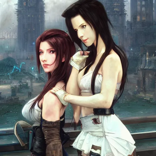 Image similar to a painted portrait of tifa lockhart and aerith gainsborough from final fantasy 7, standard clothing from the conceptual art, the midgard steam punk city as backdrop, by greg rutkowski, artgerm, wlop, ruan jia, krenz cushart, alphonse mucha, rain, fog, unreal engine 5