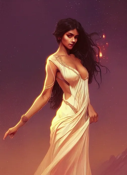 Image similar to cute brown woman wearing a transparent night gown, fantasy, intricate, highly detailed, digital painting, artstation, concept art, wallpaper, smooth, sharp focus, illustration, art by artgerm and greg rutkowski and alphonse mucha