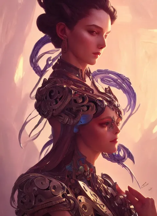 Prompt: beautiful humanoid android, d & d, fantasy, intricate, elegant, highly detailed, digital painting, artstation, concept art, matte, sharp focus, illustration, hearthstone, art by artgerm and greg rutkowski and alphonse mucha