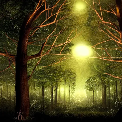 Prompt: forest at night with floating lights concept art