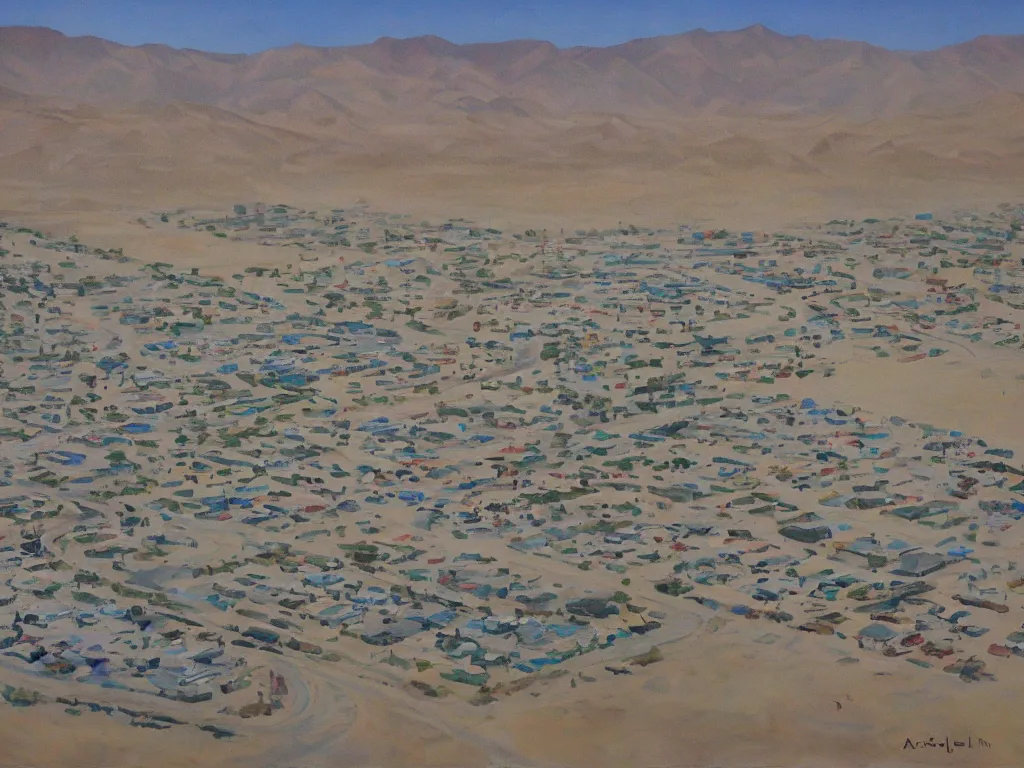 Image similar to landscape, bird view, large Trailer park in the desert near the oasis with a reservoir and rednecks, painting by Alison Elizabeth Taylor