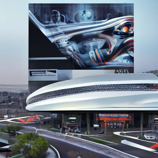 Image similar to sci-fi cars trucks motorcycles 50% of canvas in center and wall near structure on the coronation of napoleon painting and digital billboard in the middle and everything in style of zaha hadid and suprematism forms unreal engine 5 keyshot octane artstation trending bladerunner 2049 colors lighting ultra high detail ultra photo realistic 8k 16k in plastic dark tilt shift