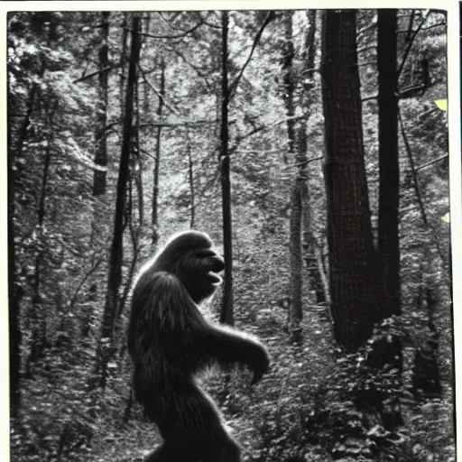 Prompt: 80s polaroid photo of bigfoot in the woods, candid flash photography