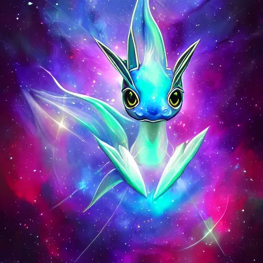 Prompt: geometric symmetrical vaporeon with galaxy eyes in space, nebula in the background, intricate, elegant, highly detailed, digital painting, artstation, concept art, smooth, sharp focus, illustration, art by artgerm