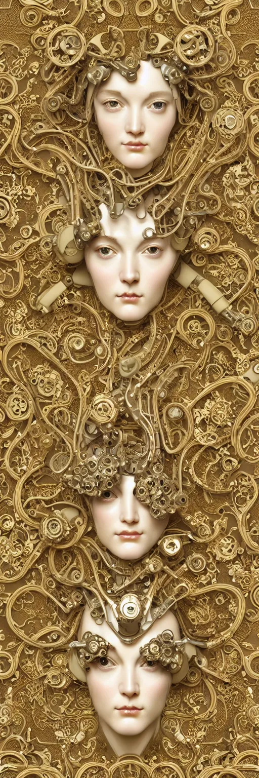 Image similar to seamless pattern of beautiful cybernetic baroque robot, beautiful baroque porcelain face + body is clear plastic, inside organic robotic tubes and parts, damask patern, front facing, wearing translucent baroque rain jacket, carved gold panel + symmetrical composition + intricate details, hyperrealism, wet, reflections + by alfonse mucha, no blur