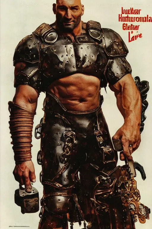 Prompt: upper body portrait of hulking giant dave bautista in combat scifi leather battle armour by norman rockwell