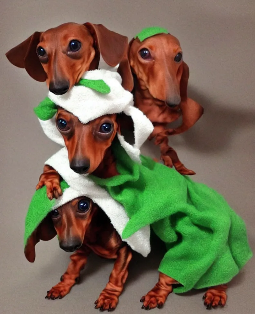 Image similar to a dachshund dressed as Baby Yoda,