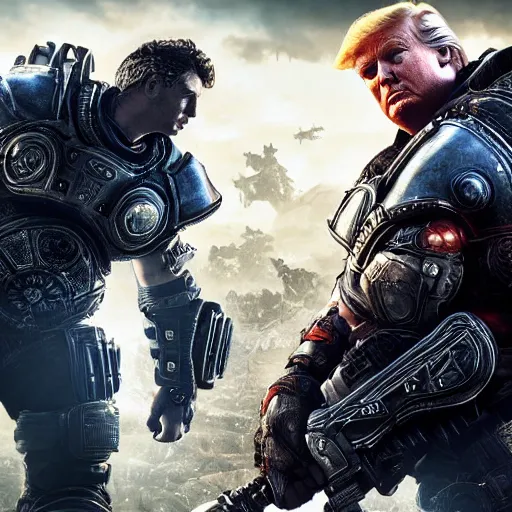 Image similar to Photo portrait of Donald Trump as Crusader!! in Gears of War, splash art, movie still, detailed face, photorealistic facial features, cinematic lighting, dramatic, octane render, long lens, shallow depth of field, bokeh, anamorphic lens flare, 8k, hyper detailed, 35mm film grain