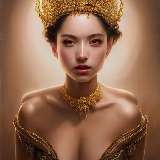 Prompt: expressive realistic oil painting of alluring european princess, seductive look and smooth glowing skin, glistening body, love, adoration, ornate headpiece made from beads, glamour shot, by yoshitaka amano, by greg rutkowski, by jeremyg lipkinng, by artgerm, by sue bryce, digital art, octane render, white dress, mood lighting