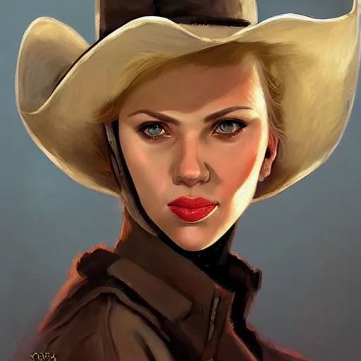 Prompt: portrait of scarlett johansson as a cowboy in wteam fortress 2 style, detailed face, dark fantasy art, fantasy, pretty, hd shot, digital portrait, beautiful, artstation, comic style, by artgerm, guy denning, jakub rozalski, magali villeneuve, neoartcore and charlie bowater