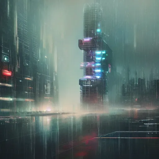 Image similar to rain, giant futuristic cyberpunk spaceship flying, blade runner, dense fog, bloom, cinematic contrasted lighting, ultra detailed, trending on artstation