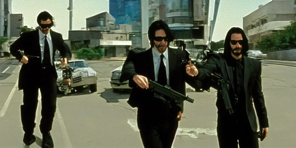 Image similar to beautiful hyperrealism three point perspective film still of Keanu Reeves as neo aiming two uzi at agent smith in a nice oceanfront promenade motorcycle chase scene in Matrix meets tintin(1990) extreme closeup portrait in style of 1990s frontiers in translucent porclein miniature street photography seinen manga fashion edition,, tilt shift style scene background, soft lighting, Kodak Portra 400, cinematic style, telephoto by Emmanuel Lubezki