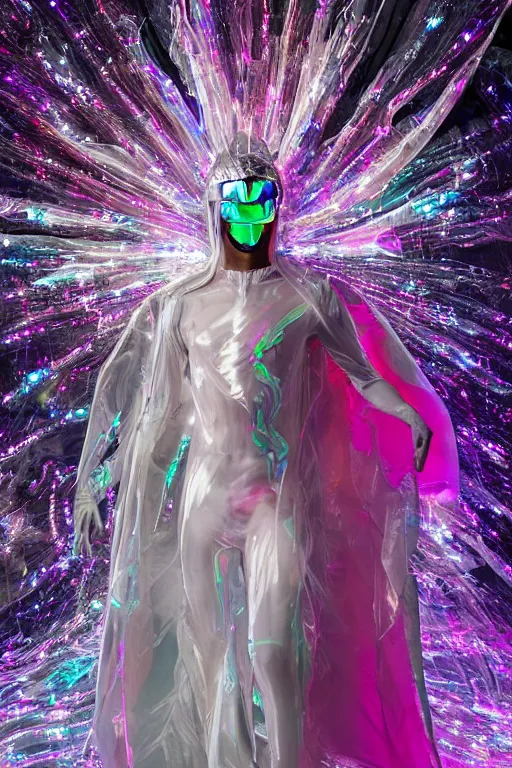 Image similar to full-body rococo and cyberpunk delicate crystalline sculpture of a muscular iridescent slender Latino male as a humanoid deity wearing a thin see-through plastic hooded cloak sim roupa, posing like a superhero, glowing pink face, crown of white lasers, large diamonds, swirling black silk fabric. futuristic elements. oozing glowing liquid, full-length view. space robots. human skulls. throne made of bones, intricate artwork by caravaggio. Trending on artstation, octane render, cinematic lighting from the right, hyper realism, octane render, 8k, depth of field, 3D